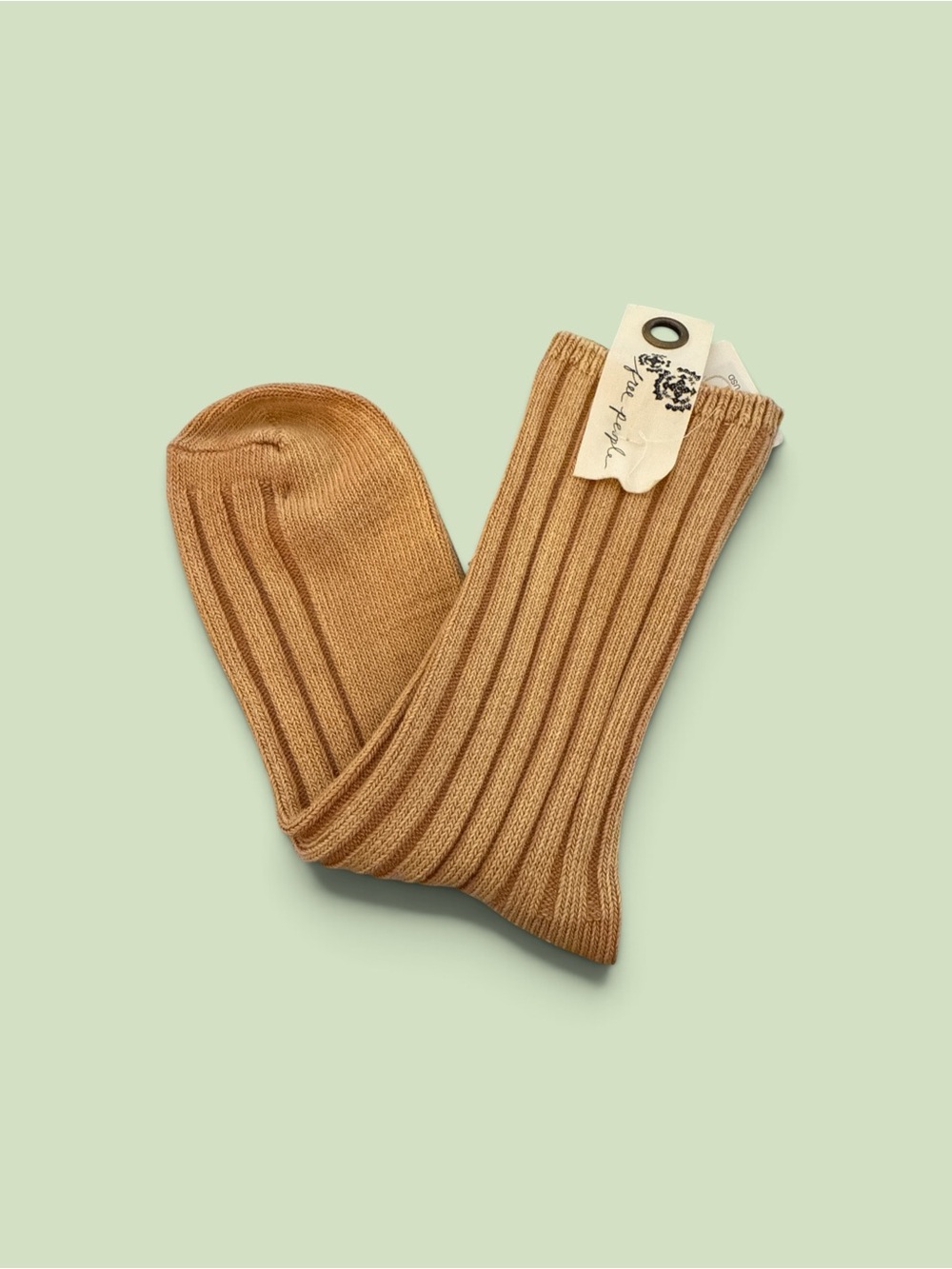 Free People Ribbed Crew Socks in Camel - Unbranded